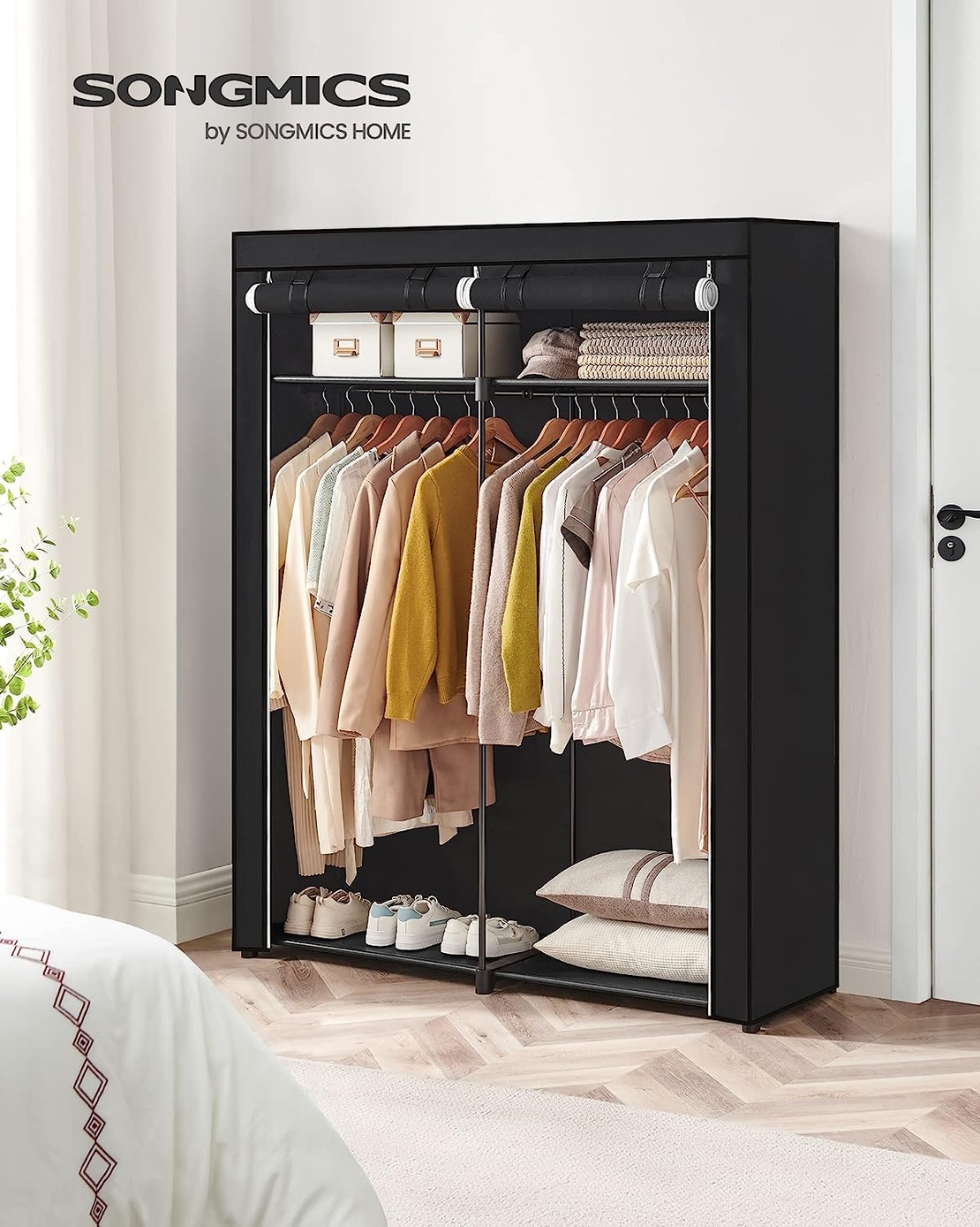 SONGMICS Garderoba pentru depozitarea hainelor, din material textil, cu 2 bare pentru umerase, 43x140x174cm, negru