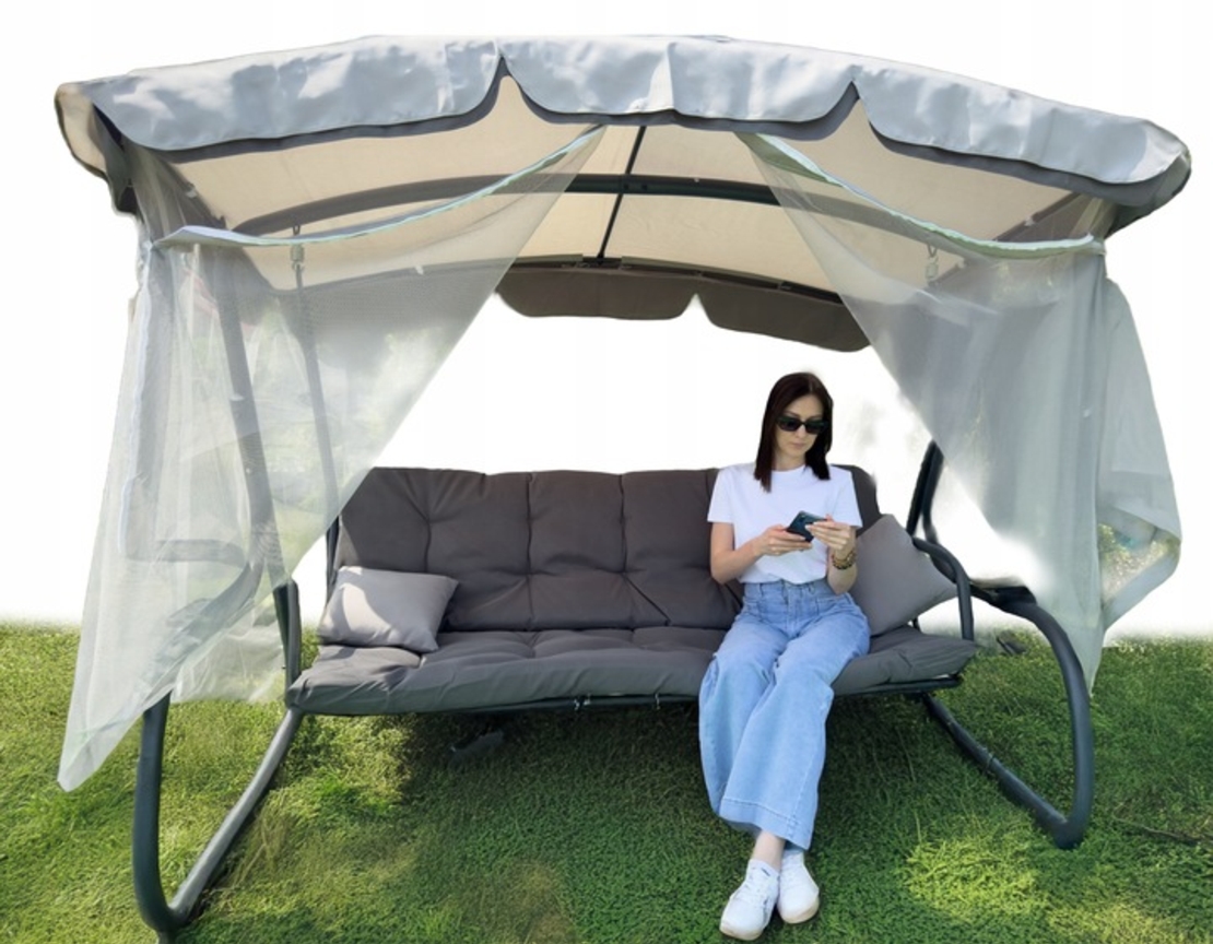 Balansoar leagan pat, 3 persoane, cu plasa tantari si perne, 350 kg, 220x130x175 cm, gri