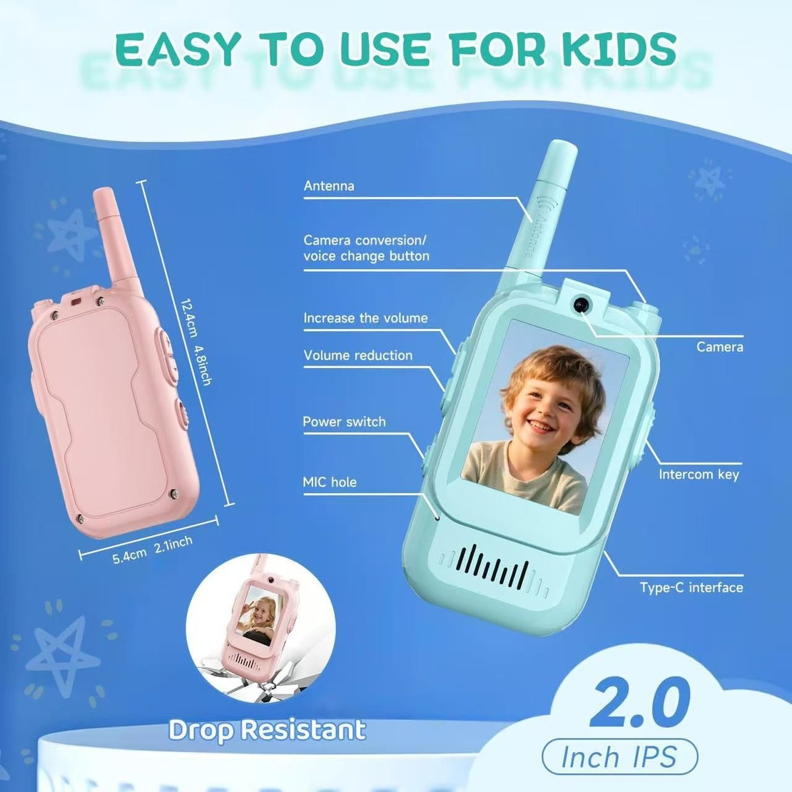 Set Walkie Talkie WiFi pentru Copii, Flippy, Set 2 Statii, Apeluri Video, cu Ecran de 2