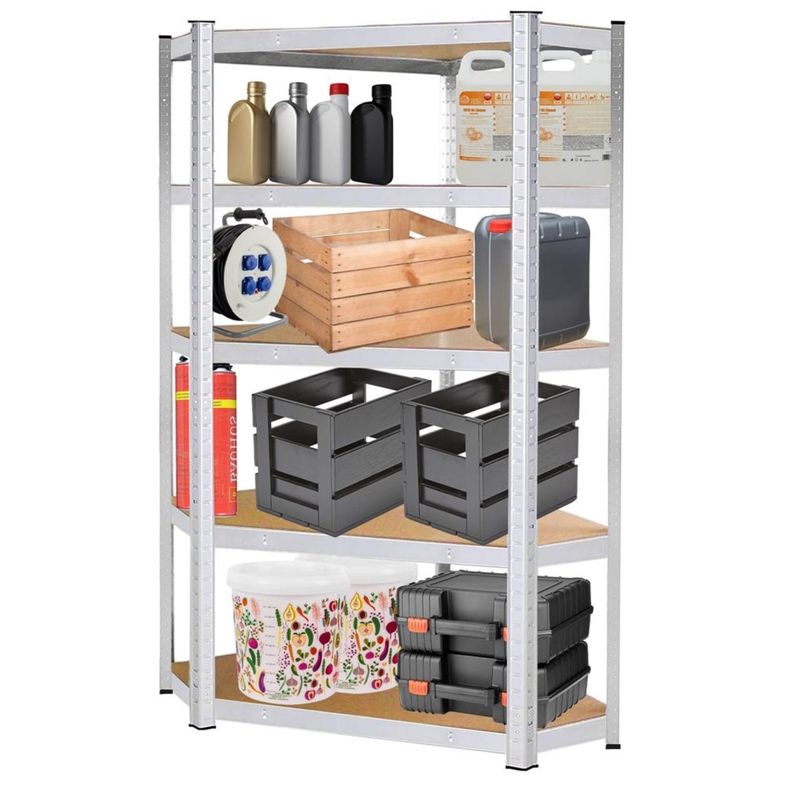 Raft de colt cu cadru metalic modular pentru depozitare, 5 polite, 180x90x40cm, sarcina 875kg