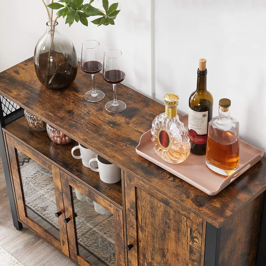 VASAGLE Dulap de depozitare tip bufet, cu 3 usi, stil industrial, 110x33x75cm, maro rustic si negru