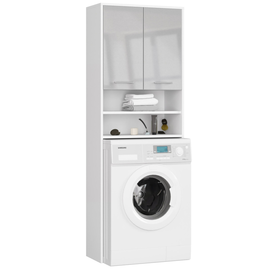 Dulap baie inalt pentru spatiu deasupra masinii de spalat, cu usi si polite, 64x30x180 cm, alb metalic lucios
