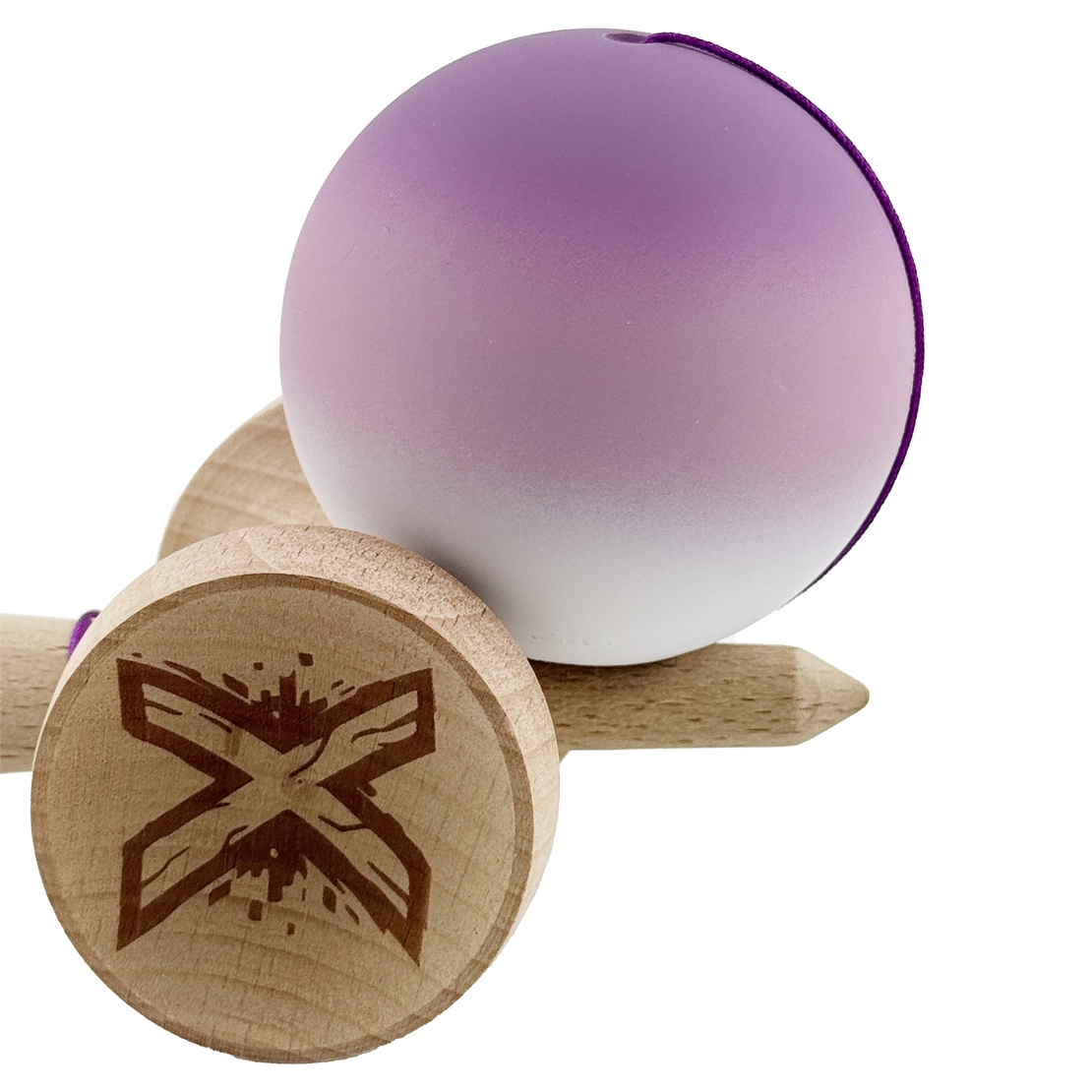 Kendama X Originala, Profesionala, Flippy, Cupe Mari KING SIZE V3, Rubber Grip, Gaura in Baza, Rulment Metalic, din lemn 18 cm, Ata 62/65 cm, Gradient Mov/Alb