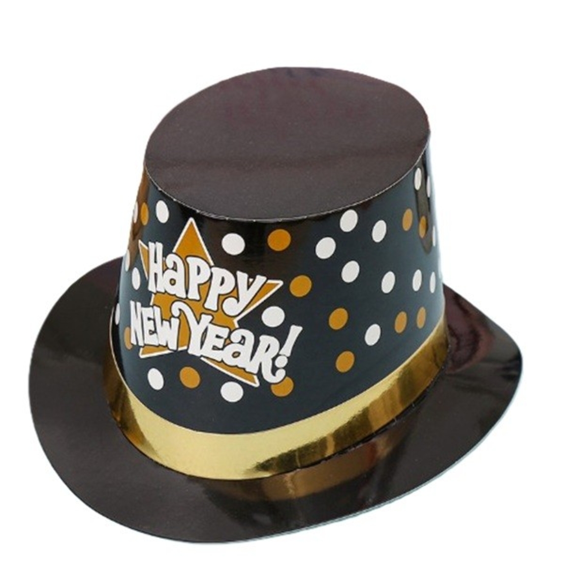 Palarie Tip Lincoln, Flippy, Model Happy New Year cu Buline, Accesoriu Petrecere de Anul Nou, Marime Universala, din Carton, Negru/Auriu