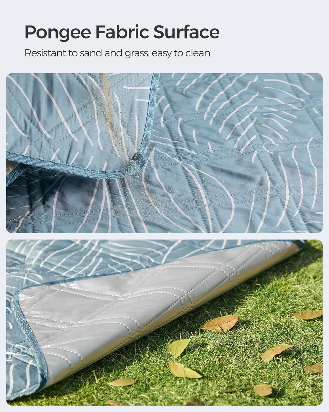 SONGMICS Patura picnic impermeabila 200x200 cm, cu ancore de fixare, pliabila, lavabila, multistrat, albastru cu model frunze
