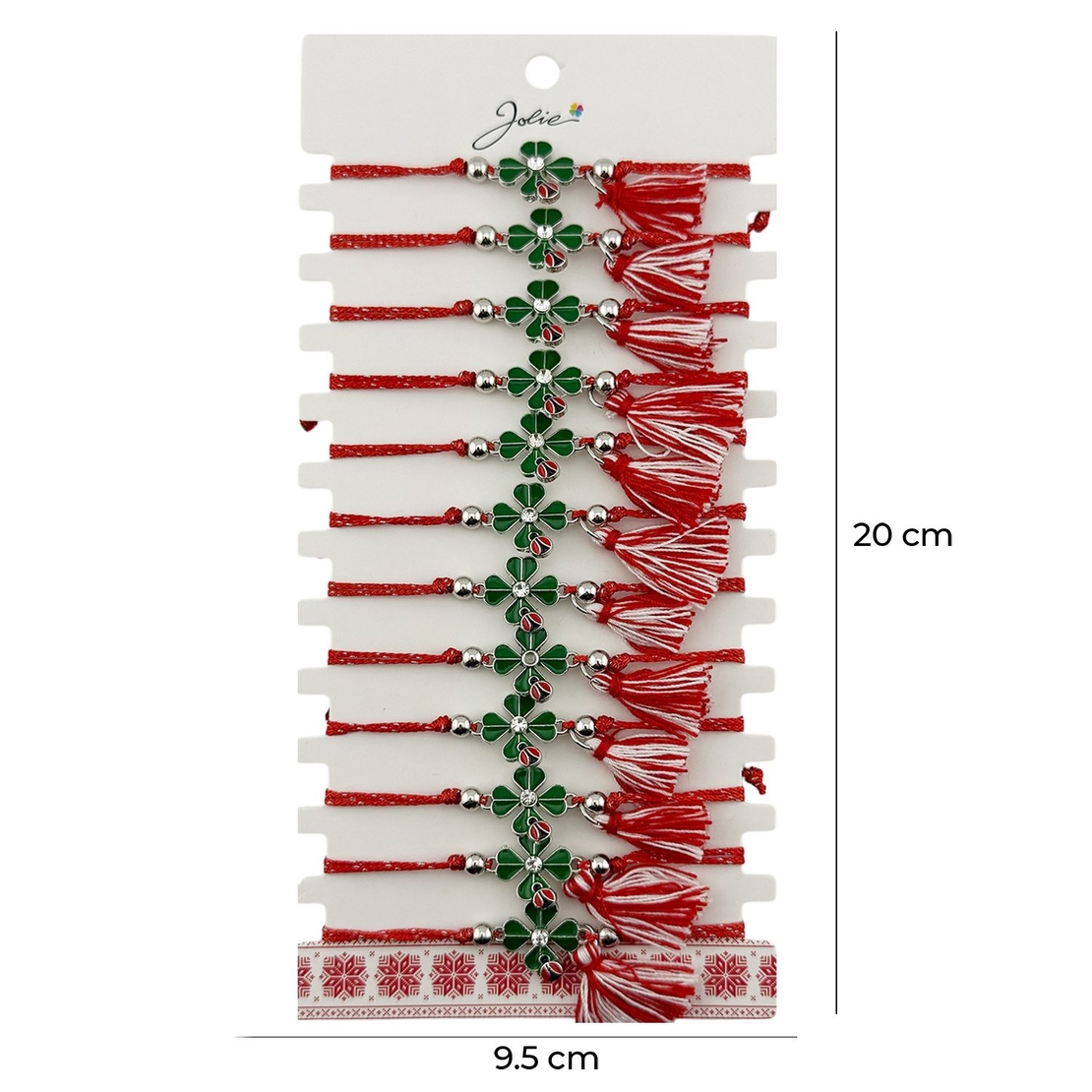 Martisor Bratara cu Ciucure pentru Dama, Jolie, Model Trifoi Verde cu Buburuza, Set 12 bucati, Pandativ din Inox cu Piatra, Snur Reglabil, Rosu/Alb