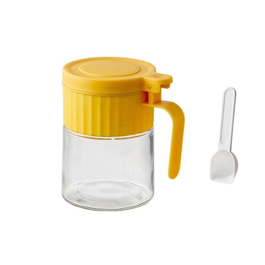 Recipient Condimente, Vafy, din Stilca, 180 ml, cu Maner si Lingurita, 10.6 x 7 x 7 cm, Capac Mat, Galben