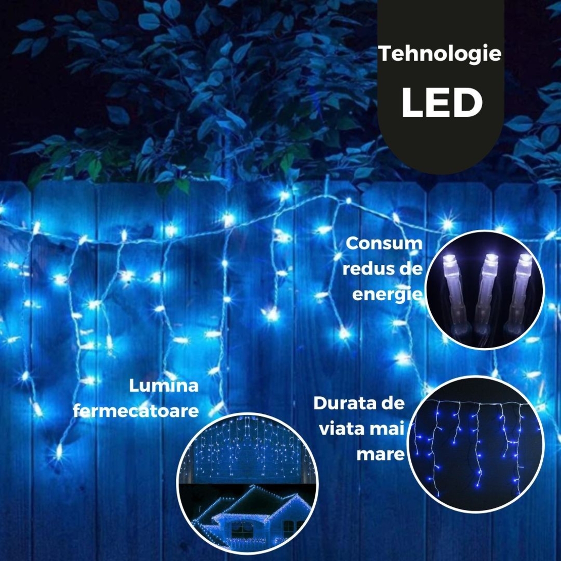 Instalatie de Craciun, Flippy®, Tip Turturi, Sectiune 5 m, 143 LED-uri, 8 Jocuri de Lumini, Fir Alb, Lumina Albastra, IP44, Interconectabila