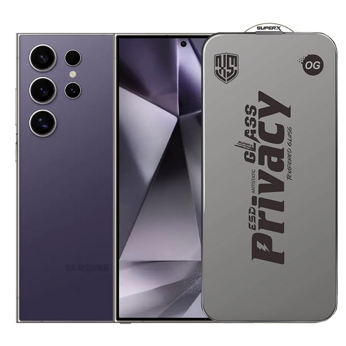 Folie de Protectie pentru Samsung Galaxy S24 Ultra, Vafy, Sticla Securizata ESD Antistatica, Super-X Privacy OG, Margini Negre, 0.30 mm