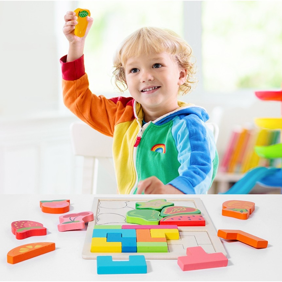 Puzzle Montessori din Lemn pentru Copii, Flippy, Tip Tetris 2in1 +3 Ani, cu Fructe Colorate 3D, Educativ, Intuitiv, Creativ, 21 de Piese, 28.5x17x1.2 cm, Multicolor
