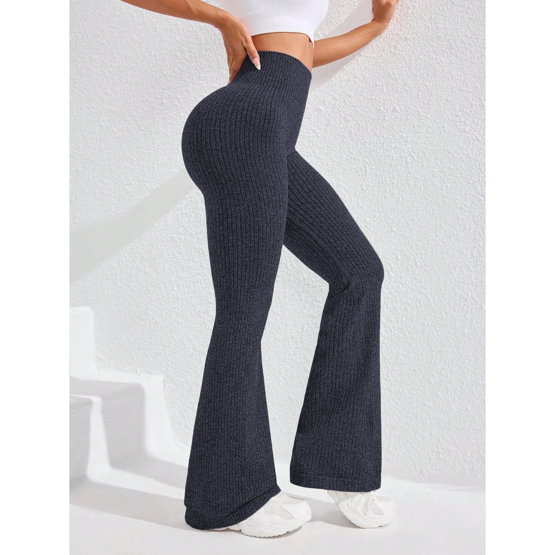 Pantaloni Sport de Dama, Flippy, pentru Yoga, Talie Inalta, Evazati, Tricotati, Albastru Marin, Marime XS