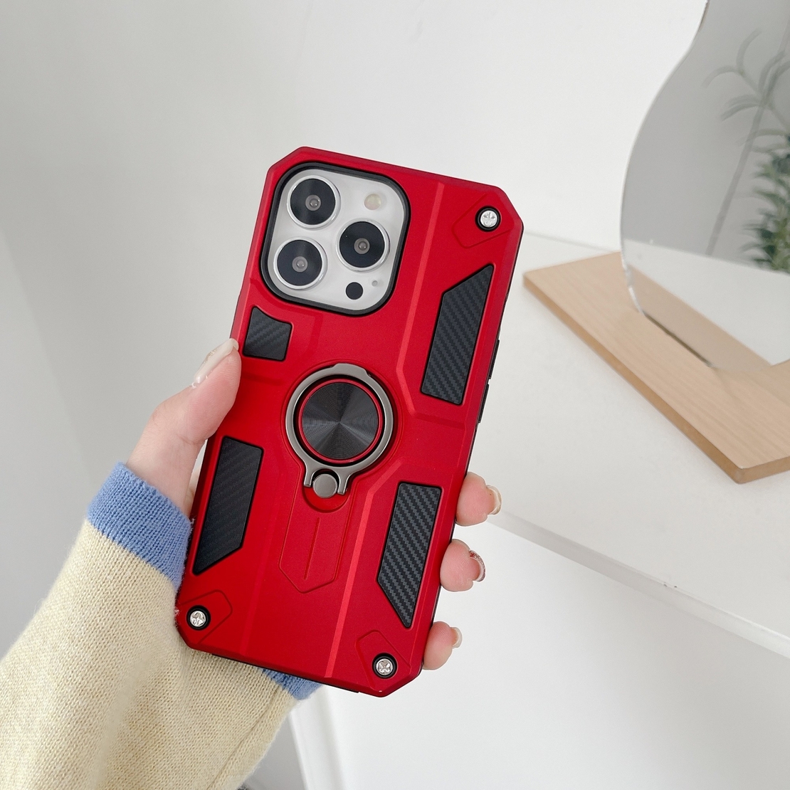 Husa protectie Vafy compatibila cu Apple iPhone 13 Pro Defender Model 5 cu suport prindere inel,Rosu