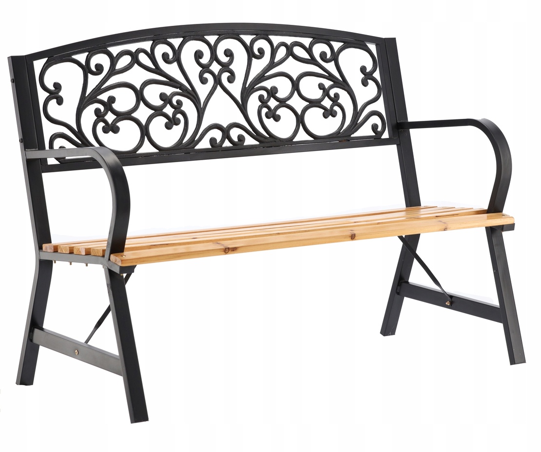 Banca de gradina din lemn si cadru otel, cu spatar decorativ, 120x56x87 cm, negru si maro natur