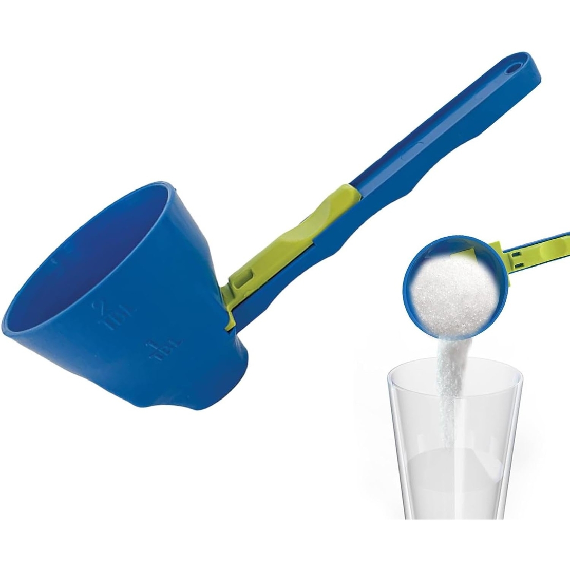 Lingura Gradata, Vafy, Tip Palnie, din Plastic, Coada Lunga, 8 x 8 x 3 cm, Albastru/Verde