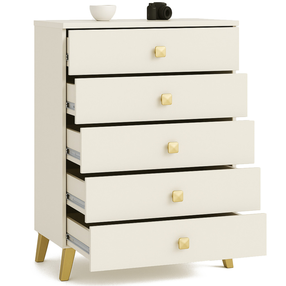 Comoda MOBI K-05, 5 sertare, 60x37x89 cm, casmir cu detalii aurii