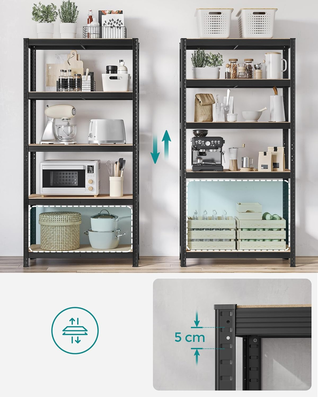 SONGMICS Set 2 rafturi metalice cu 5 niveluri reglabile, din otel si MDF, 90x40x180 cm, sarcina 875 kg, negru