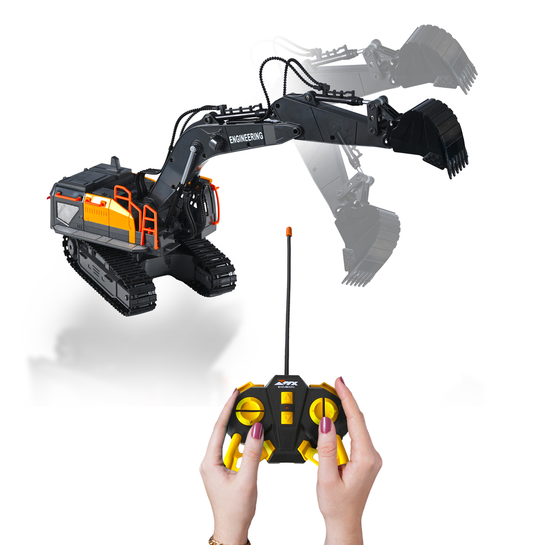 Excavator RC cu senile pentru copii, lumini si brat functional, telecomanda, incarcare USB, 32x30x12 cm