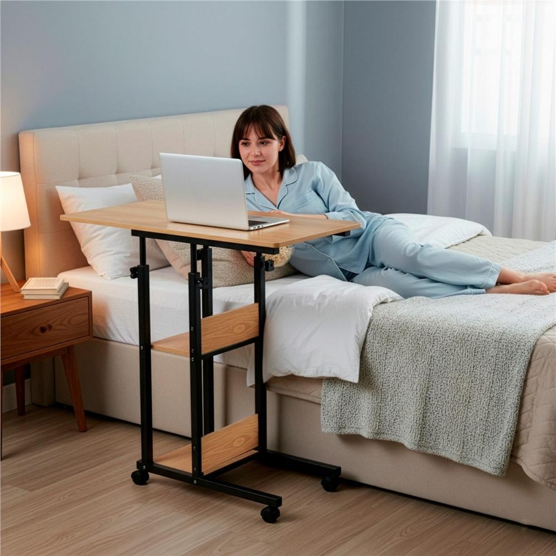 Birou reglabil pe inaltime cu rafturi si roti, blat din lemn si structura metalica, 80x40x76-86 cm, maro natur