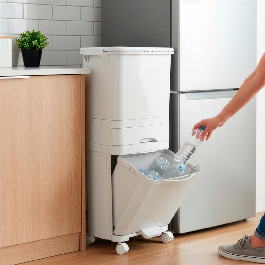 Cos de gunoi pentru colectare selectiva cu 3 compartimente, pe roti, 42 L, alb