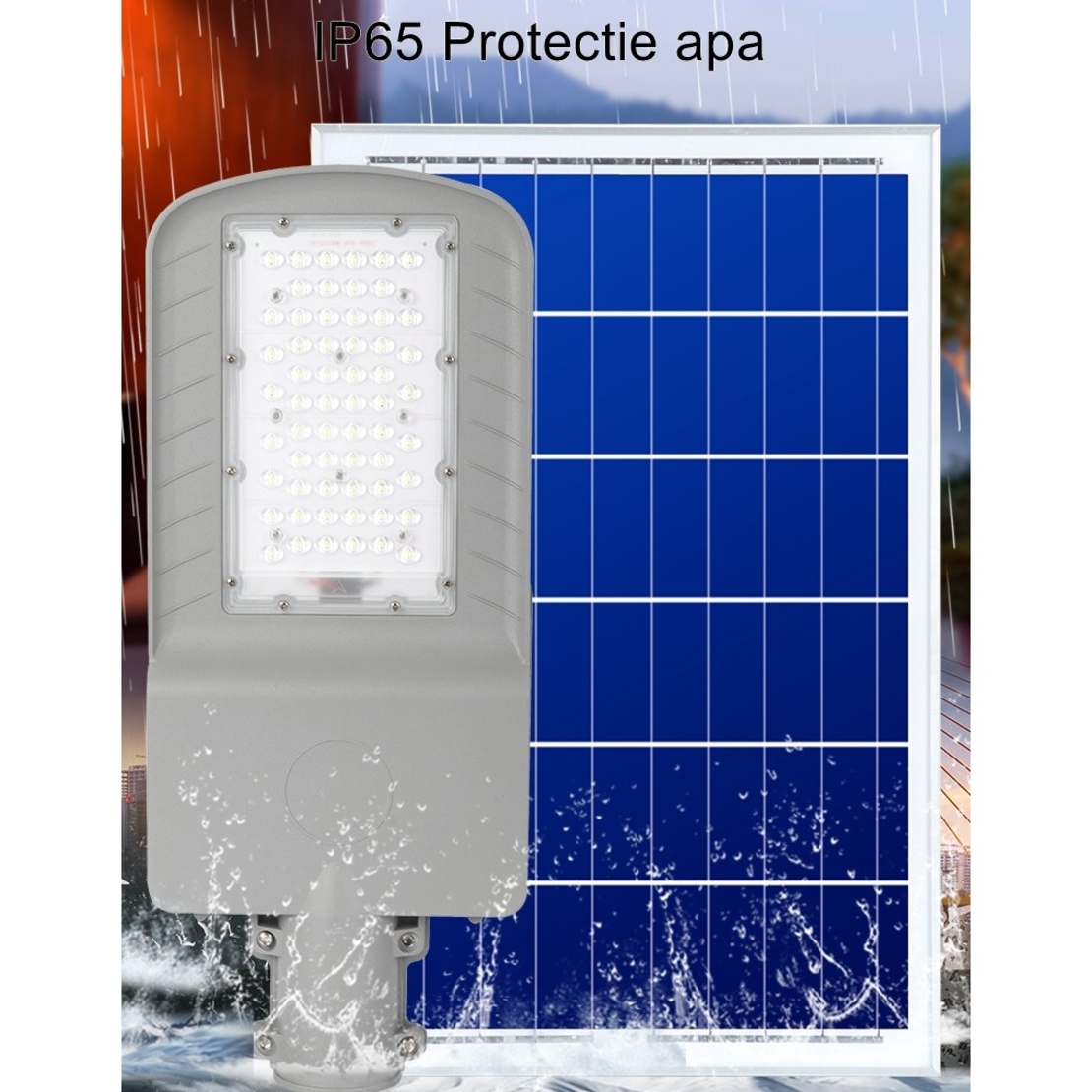 Lampa solara stradala Flippy, IP65, senzor de lumina, 60 LED-uri SMD, 2250 lm, panou 25W, putere 200W, autonomie 12-16 ore, telecomanda, montare prin fixare, pentru strada sau gradina, finisaj mat, material ABS, 51.5 x 21 x 7.5, gri
