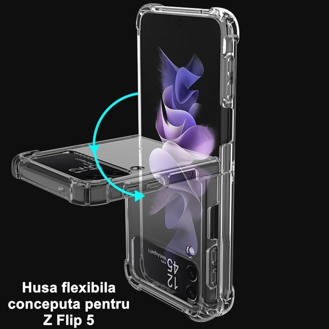 Husa de protectie Vafy compatibila cu Samsung Z Flip 5, MagSafe Blister, gaura mare camera, transparenta