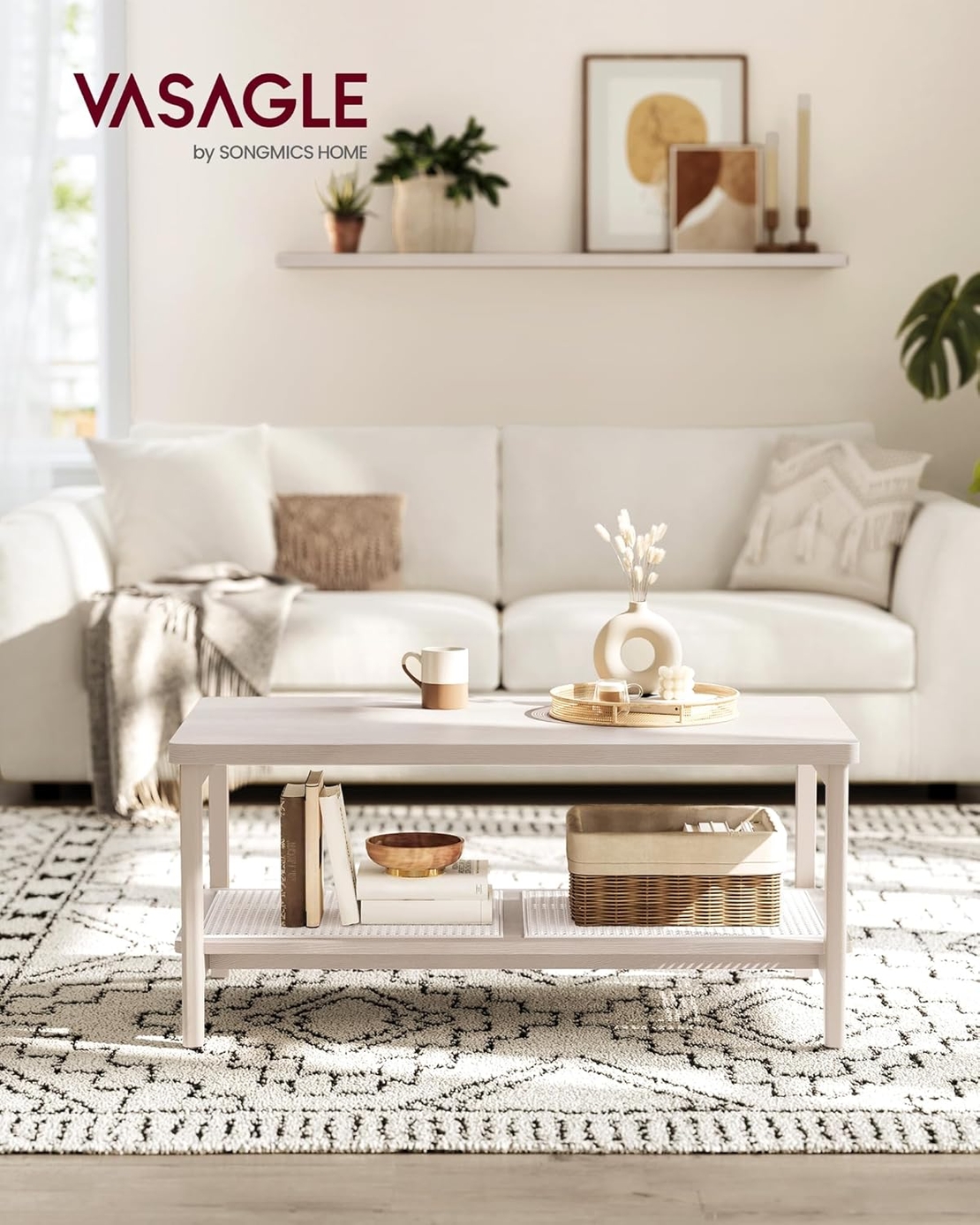 VASAGLE Masuta de cafea, din MDF, cu spatiu de depozitare pe 2 nivele, 55x100x45 cm, stil boho, bej