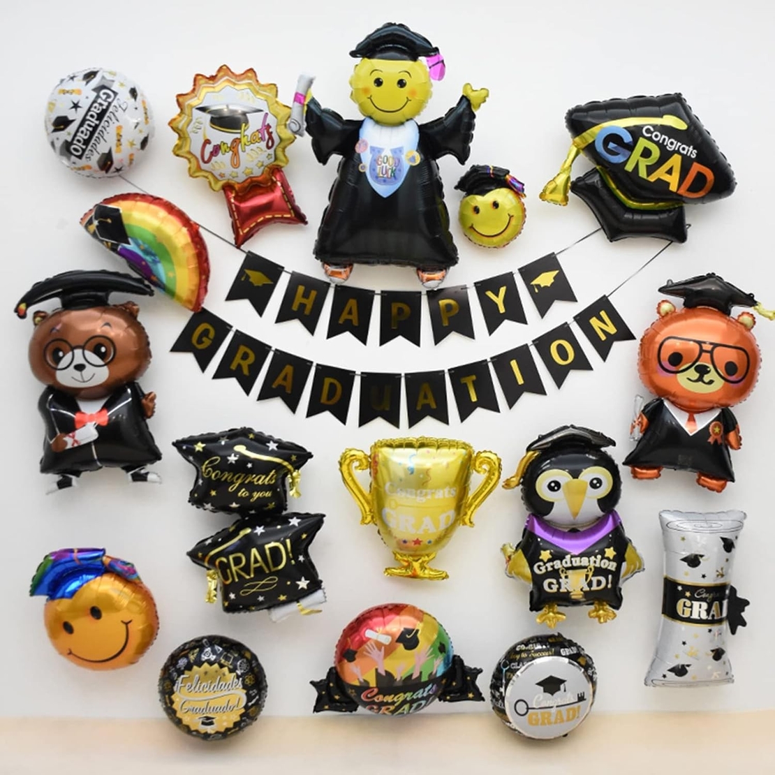 Balon din Folie Metalizata, Flippy, Figurina, Model Toca Congrats Grad, Tematica Absolvire, 66x66 cm, Ambalaj Individual, Pai Inclus, Umflare cu Aer sau Heliu, Negru