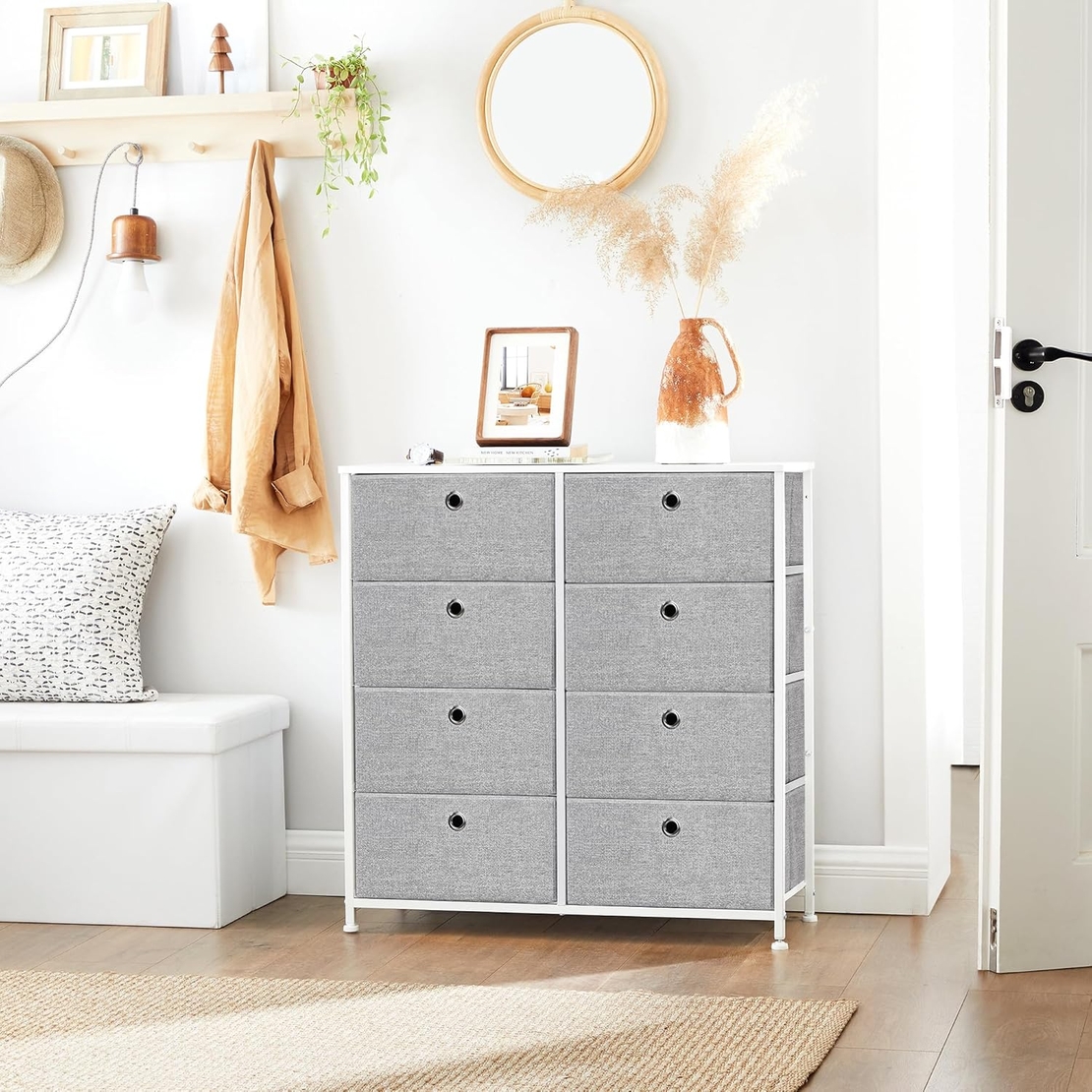 SONGMICS Comoda cu 8 sertare din material textil, cadru metalic si blat MDF, 80x30x81 cm, gri si alb