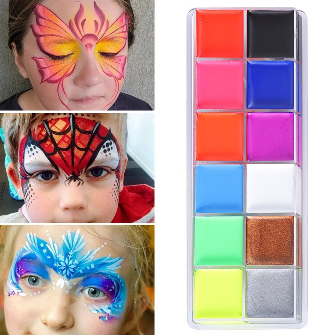 Paleta de Vopsea pentru Fata si Corp, Flippy, 12 Culori, Vopsea pe Baza de Ulei, 5.7 x 16 x 1 cm, Multicolor