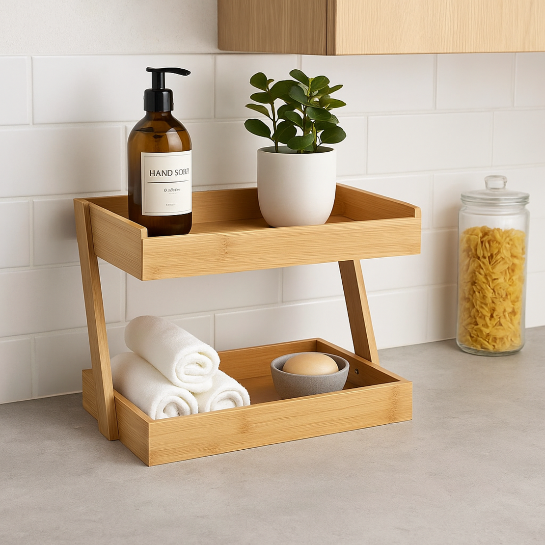 Etajera colt 5Five pentru bucatarie, 2 niveluri, bambus, 26x22x31cm, maro natural