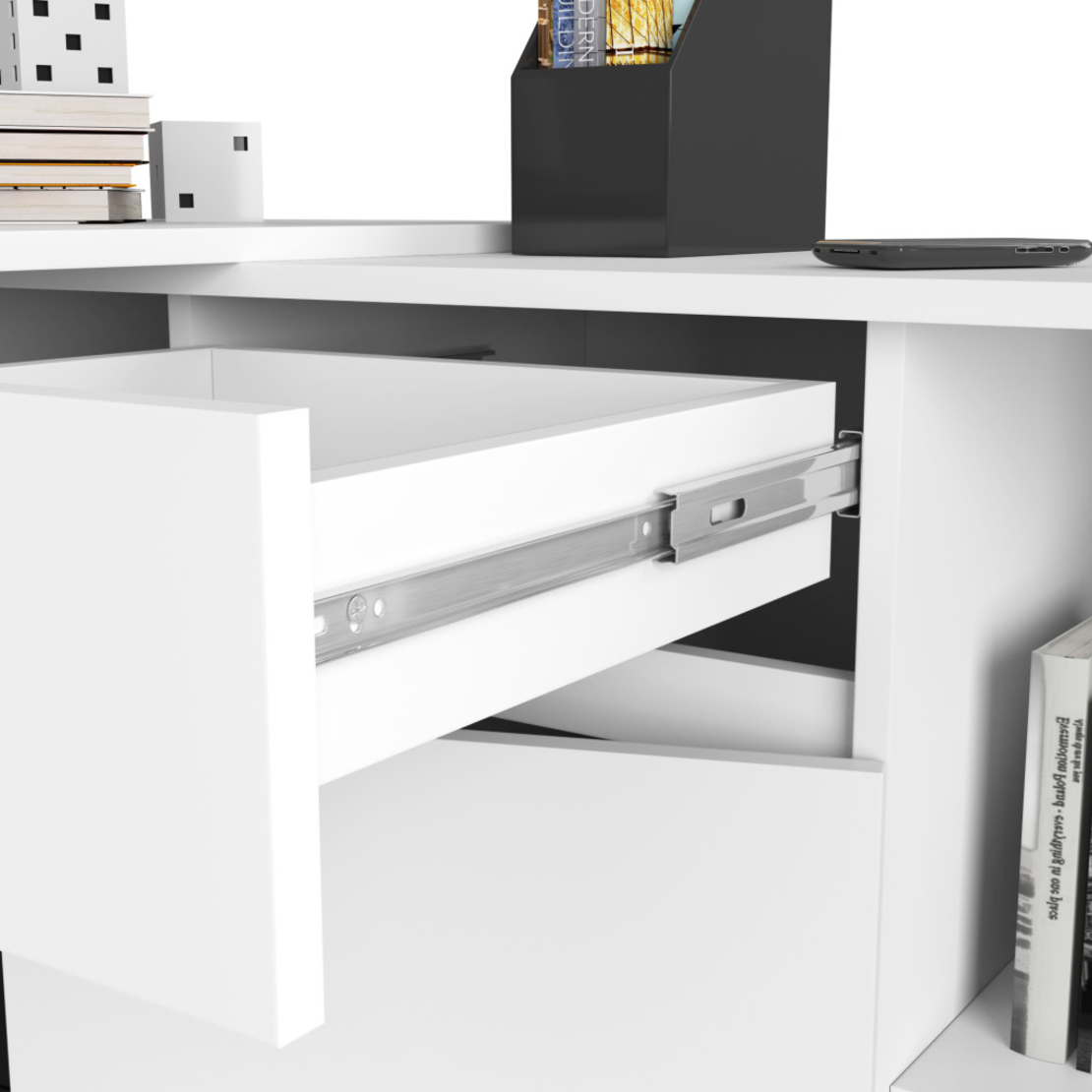 Birou de colt cu sertar, usa si 6 rafturi, PAL laminat 16 mm, 120x126x79 cm, alb