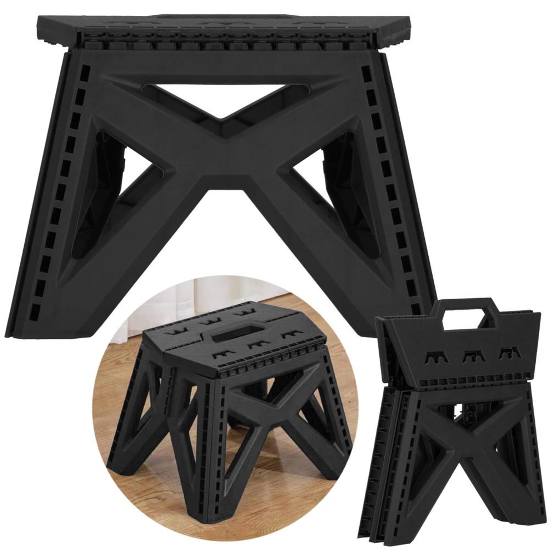 Scaun inaltator multifunctional tip scara, 100 kg, compact, cu maner, 23x31x23 cm, negru