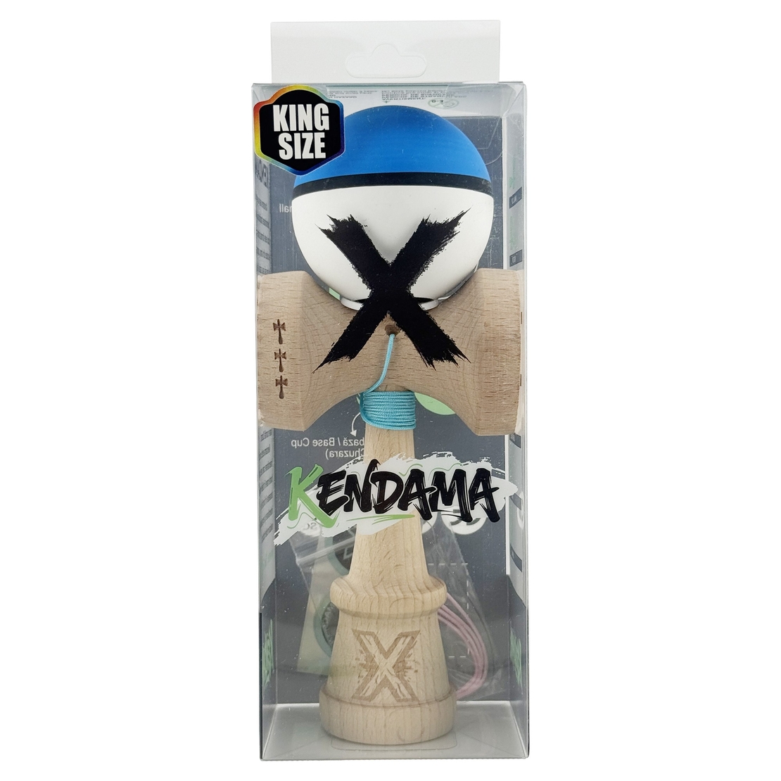 Kendama X Originala, Profesionala, Flippy, Cupe Mari KING SIZE V3, Rubber Grip, Gaura in Baza, Rulment Metalic, din lemn 18 cm, Ata 62/65 cm, S Bicolor Albastru/Alb