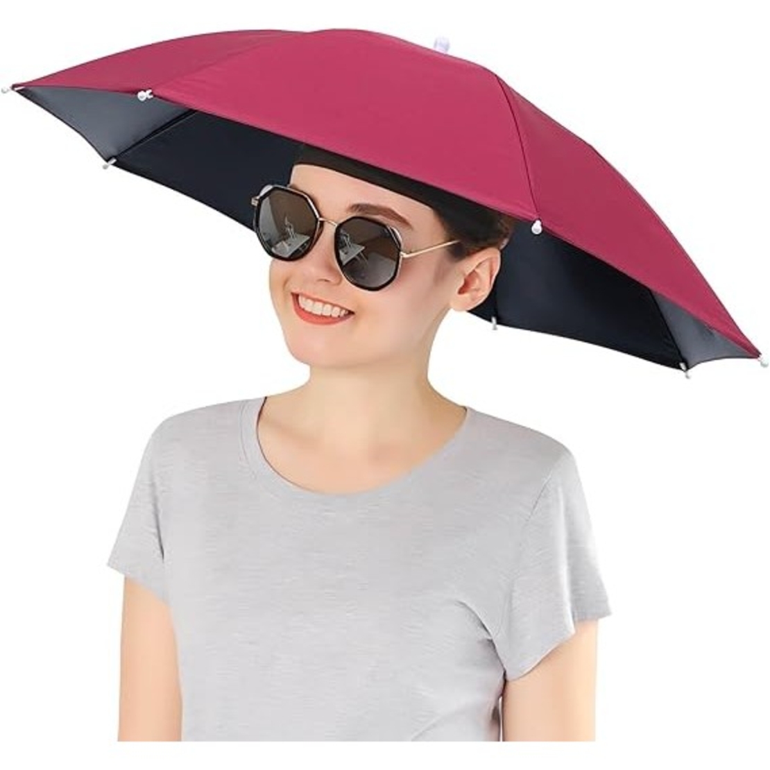 Umbrela de Cap, Flippy, Diametru 69 cm, Banda Elastica de Cap, Protectie UV/Ploaie, Rosu Inchis