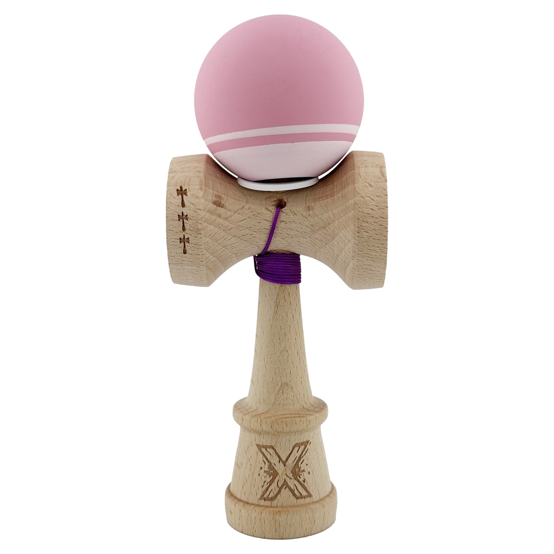 Kendama X Originala, Profesionala, Flippy, Rubber Grip, Cupe Mari KING SIZE V3, Gaura in Baza, Rulment Metalic, din lemn 18 cm, Ata 62/65 cm, Bicolor Roz/Roz deschis