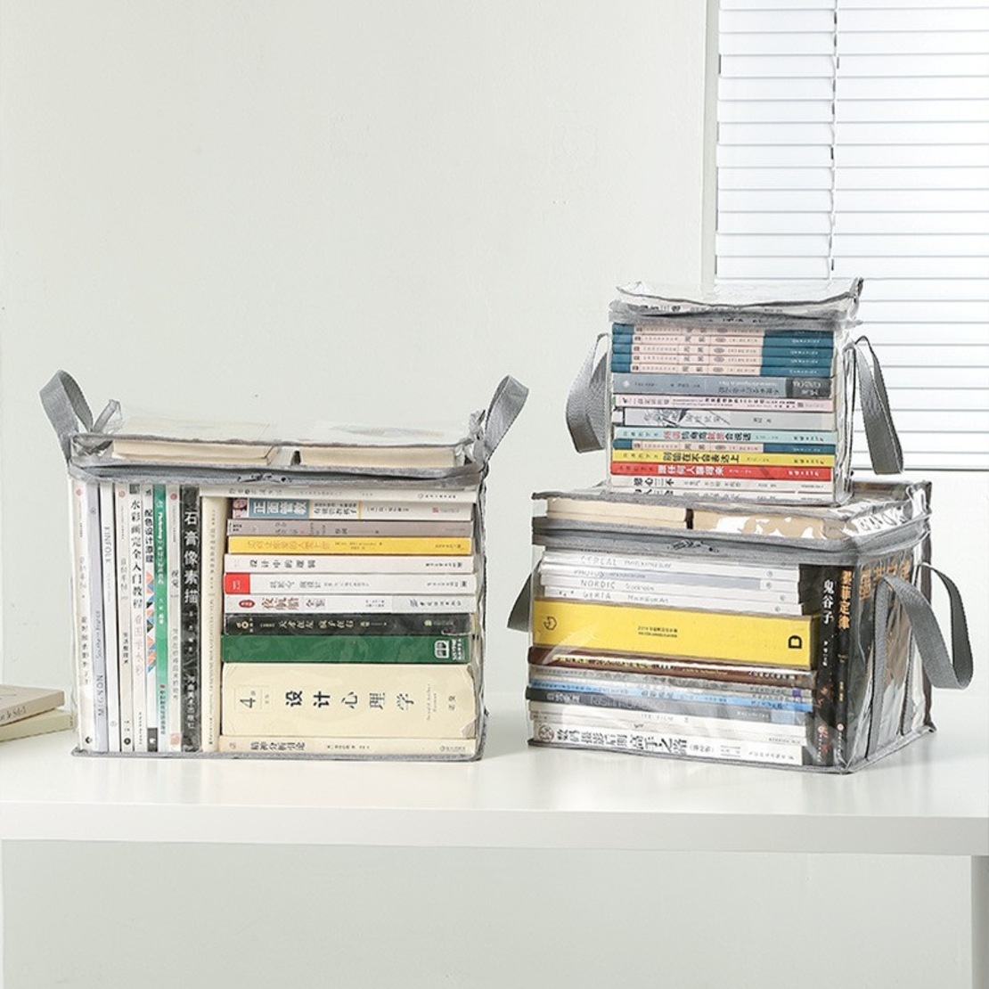 Cutie de Depozitare, Flippy, din PVC + Textil, Rezistenta la Apa, Geanta pentru Carti, 38x24x32 cm, Transparent-Alb