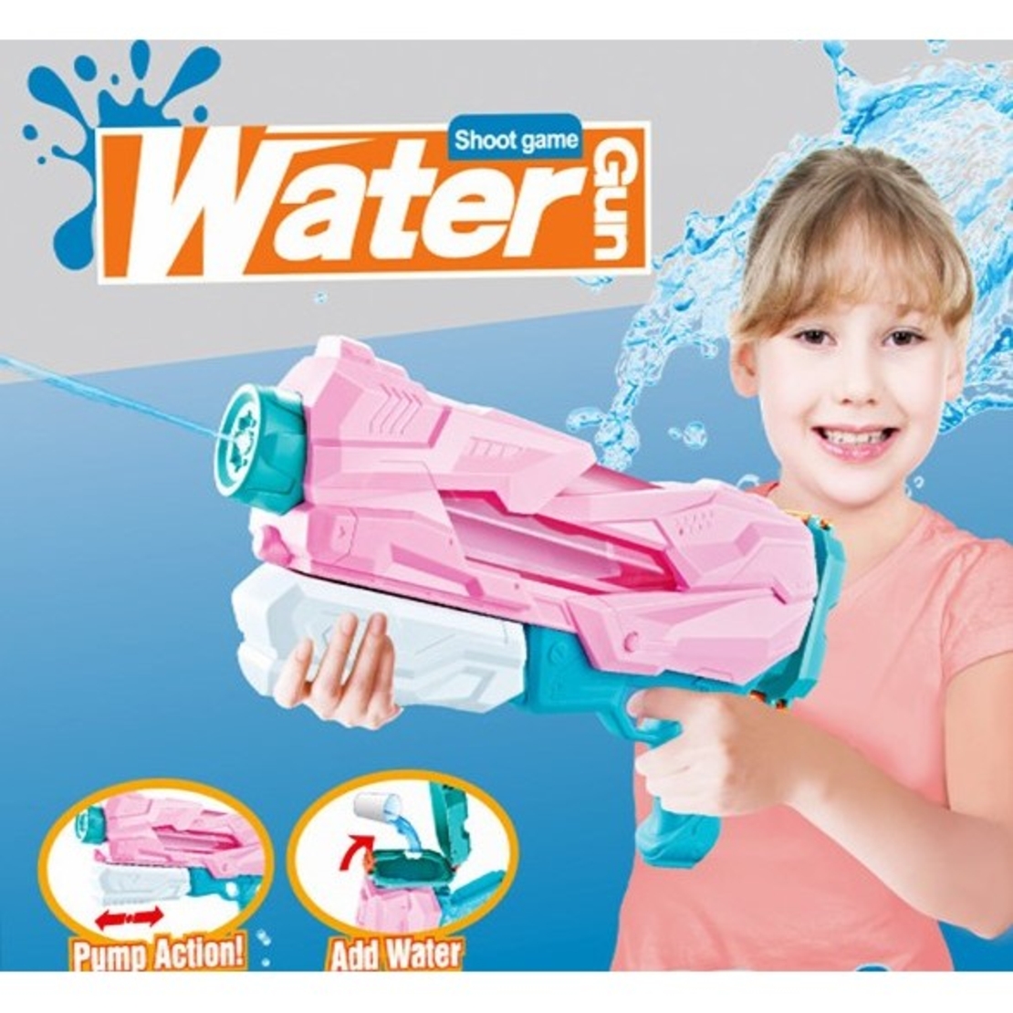 Pistol cu Apa pentru Copii, Rezervor, Pentru Piscina/Plaja, Flippy, 6ani+, 5 duze, Quick Fill, Roz, 800ML