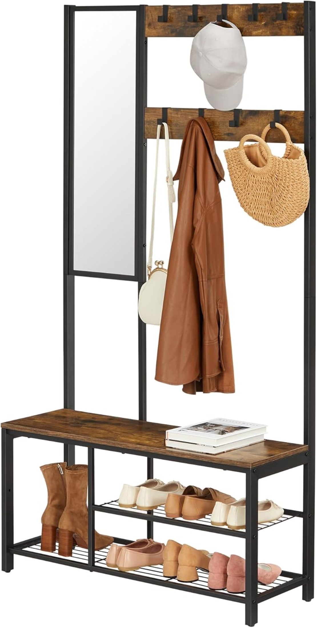 VASAGLE Cuier pentru hol cu oglinda si 9 carlige detasabile, structura metalica, stil industrial, 98x36x185 cm, maro rustic
