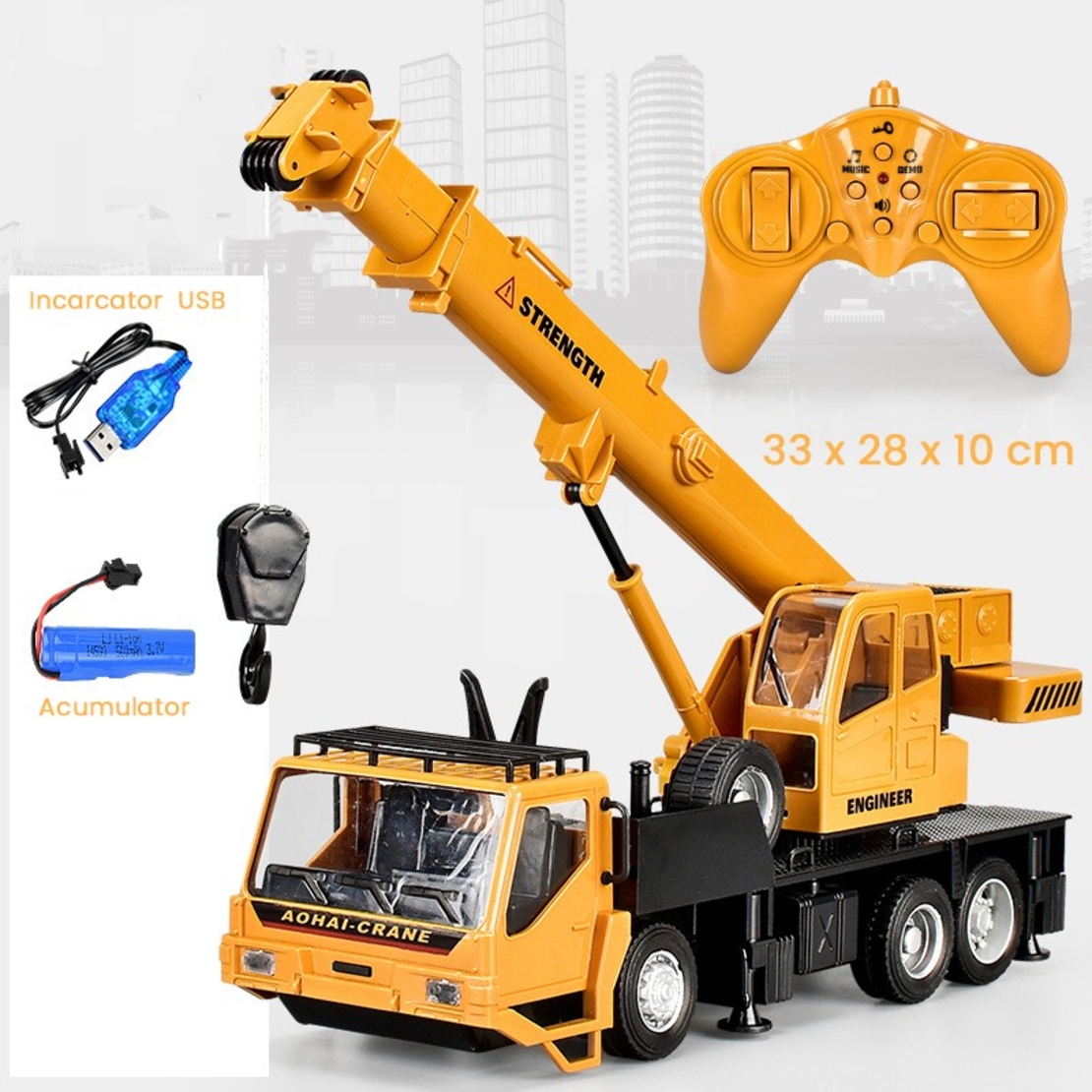 Macara Jucarie pentru Copii, Vafy, Jucarie Macara cu Telecomanda, Jucarie de Constructie, Acumulator cu Incarcare USB, 33 x 28 x 10 cm, Galben