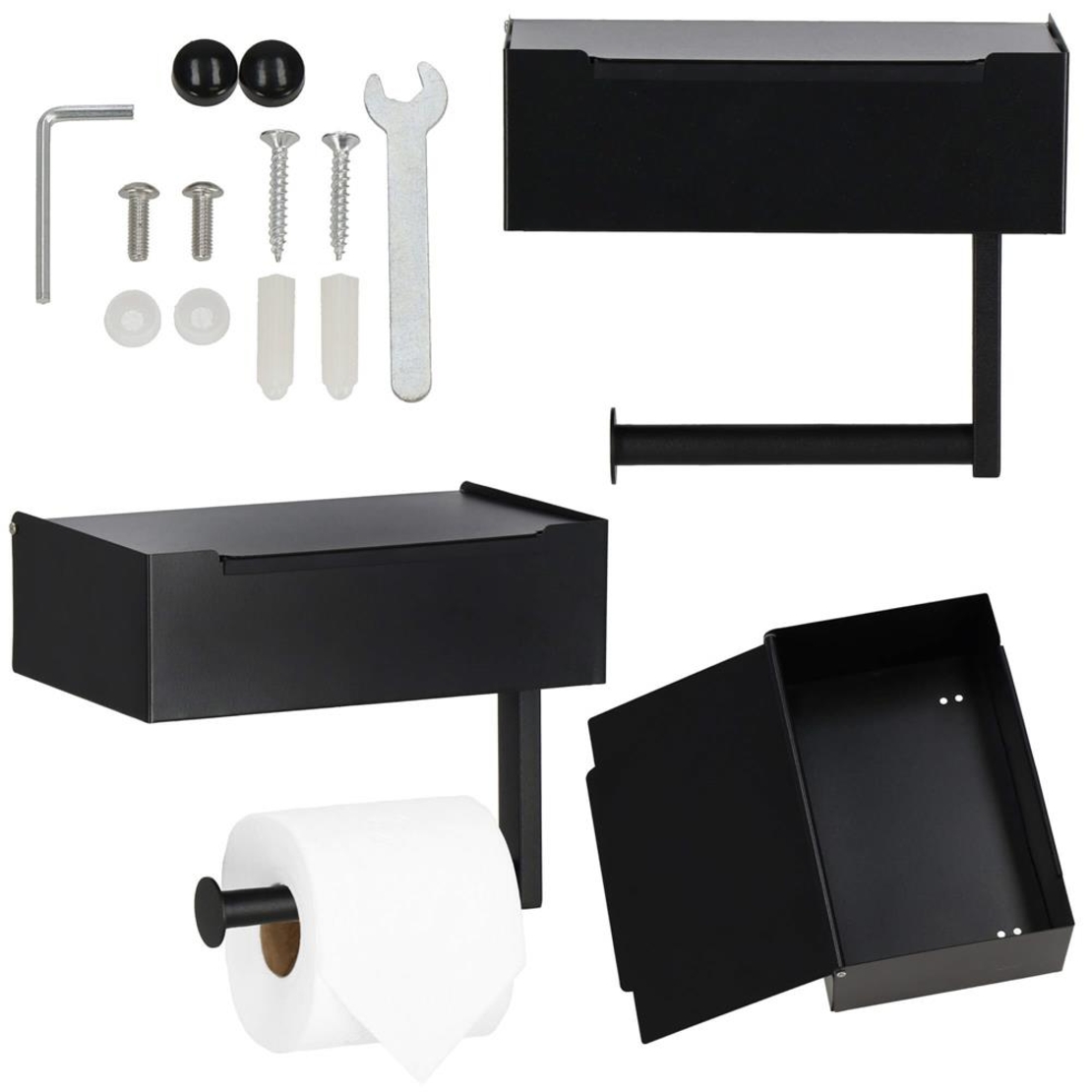 Suport hartie igienica din otel cu sertar depozitare, sistem montare inclus, 22cm, negru bej