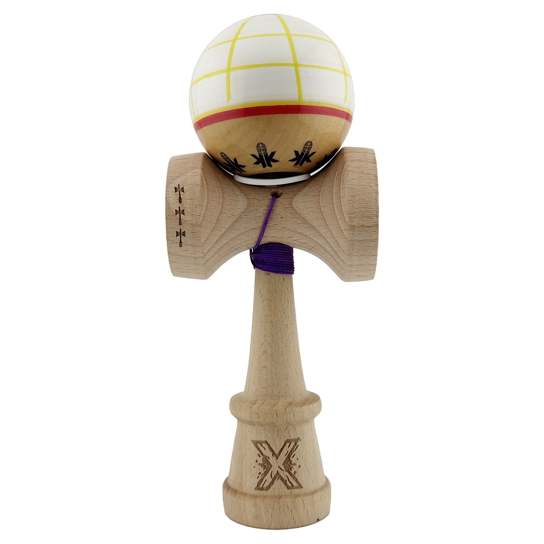 Kendama X Originala, Profesionala, Flippy, Legendary Glob, Cupe Mari KING SIZE V3, Super Sticky, Gaura in Baza, Rulment Metalic, din lemn 18 cm, Ata 62/65 cm, Alb/Galben/Rosu