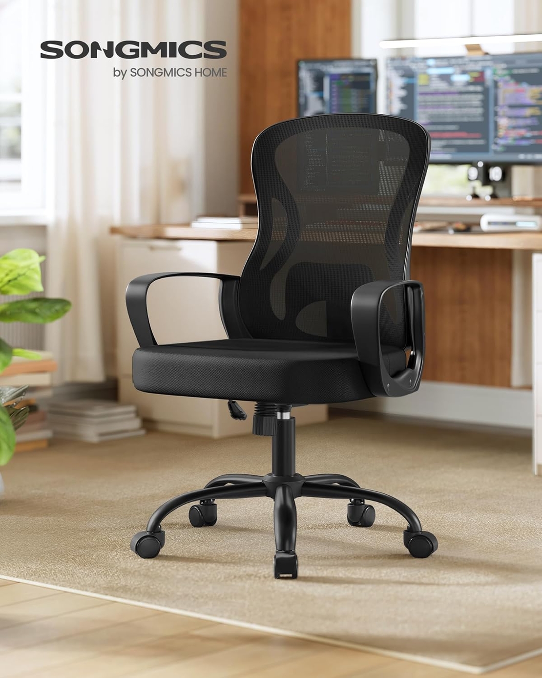 SONGMICS Scaun de birou ergonomic, spatar mesh cu suport lombar, reglabil pe inaltime, baza metalica, 60x60x106 cm, negru