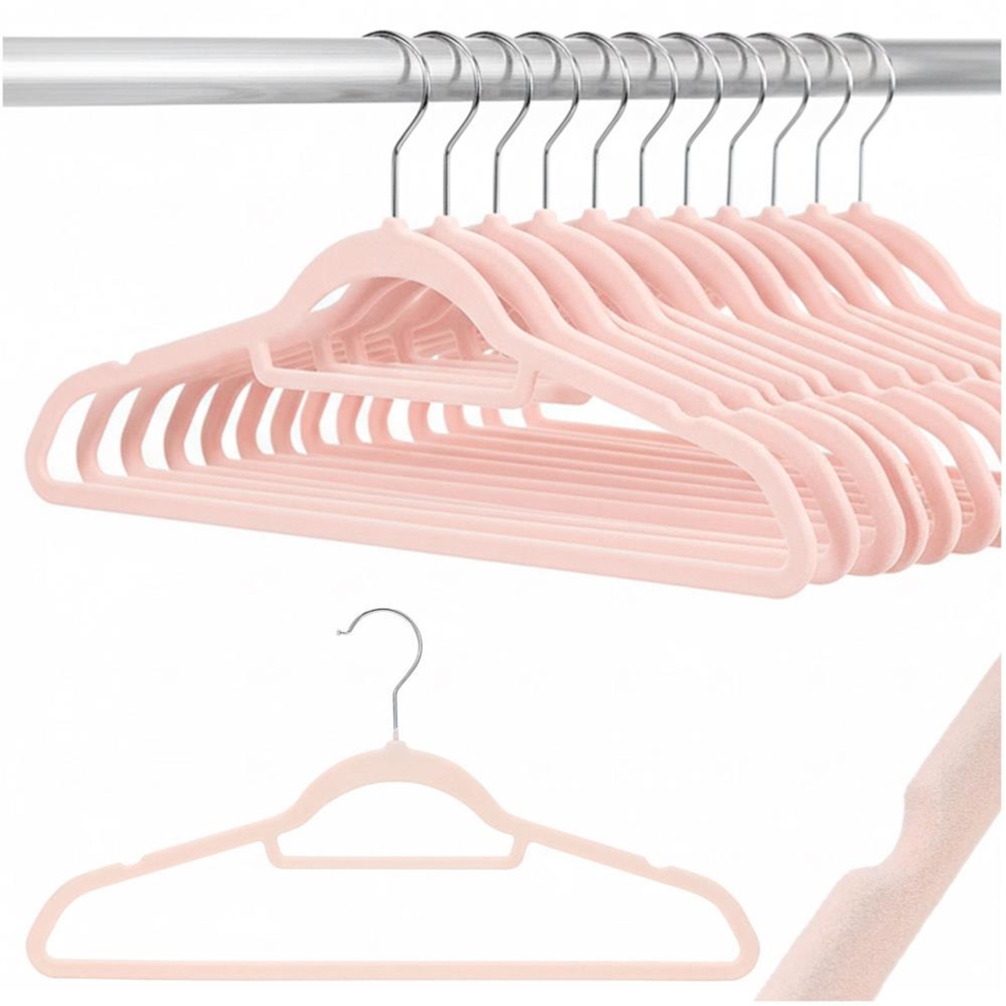 Set de 20 de umerase pentru haine, din velur, cu carlig rotativ, 45x23 cm, roz