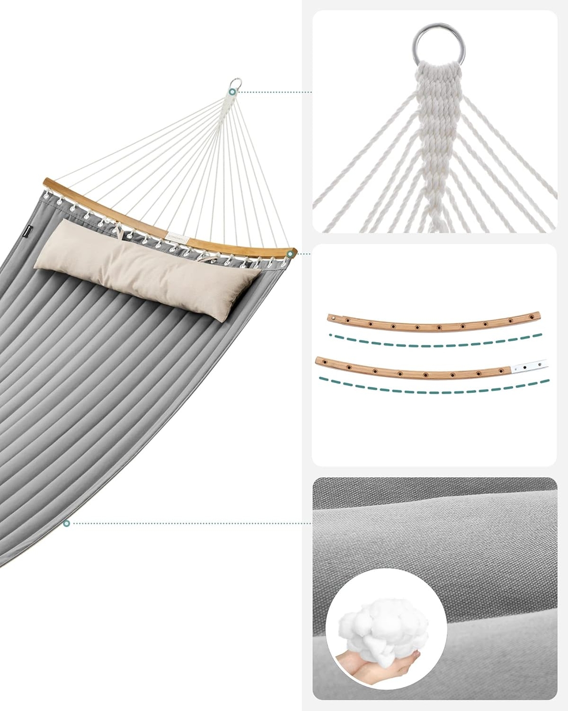 SONGMICS Hamac dublu cu bare curbate din bambus, perna inclusa, maxim 225 kg, 200x140 cm, gri