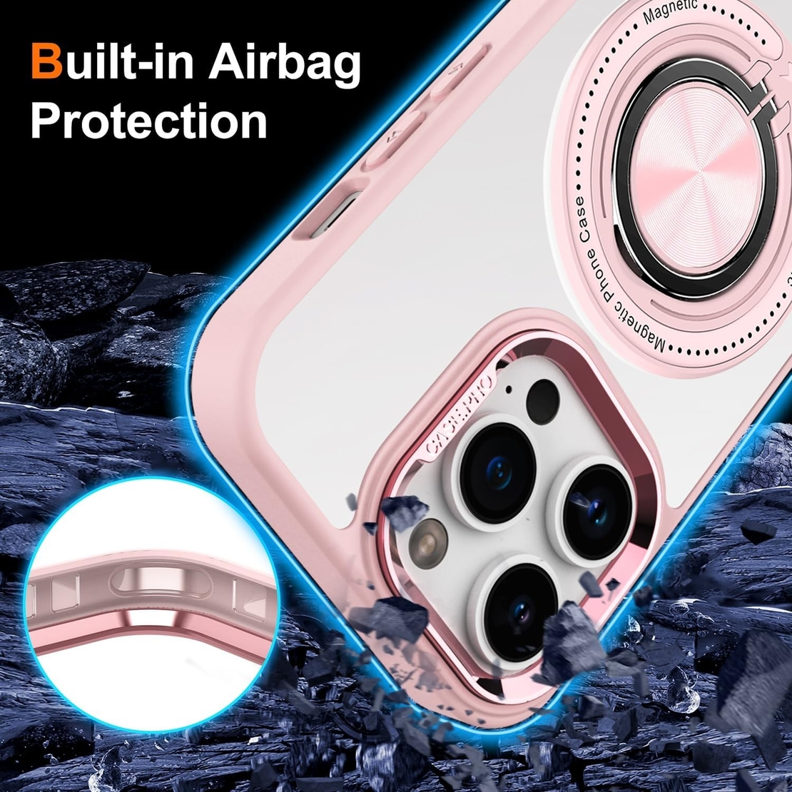 Husa de Protectie TPU, Vafy, pentru iPhone 16 Pro, Anticadere, cu Incarcare Wireless, Tehnologie Magsafe, Inel Magnetic Rotativ cu Functie de Suport, Transparent-Roz