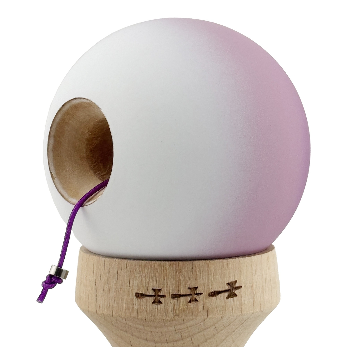 Kendama X Originala, Profesionala, Flippy, Cupe Mari KING SIZE V3, Rubber Grip, Gaura in Baza, Rulment Metalic, din lemn 18 cm, Ata 62/65 cm, Gradient Mov/Alb
