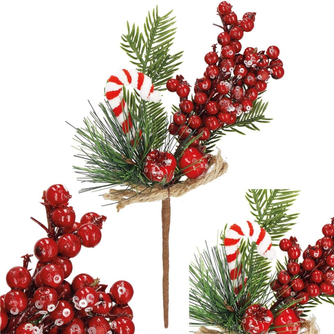 Ramura decorativa Craciun cu fructe rosii, acadea si sfoara iuta, 24 cm, rosu