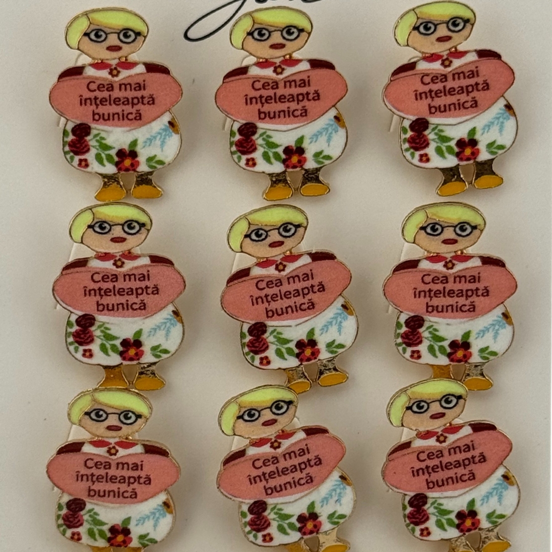 Set 12 Brose Martisor Primavara, Jolie, Model Fata, Mesaj Cea Mai Inteleapta Bunica, Multicolor
