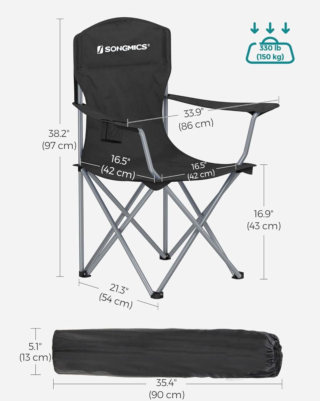 SONGMICS Set 2 scaune pliabile de camping sau pescuit, suport pahar, maxim 150kg, negru