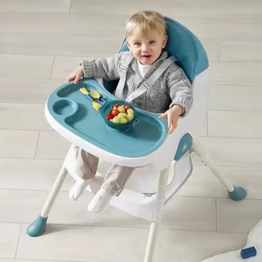 Scaun de Masa Pliabil 3in1, Flippy, Reglabil, Multifunctional, 3 Pozitii, Masuta si Husa Detasabile, Centura de Siguranta, Albastru